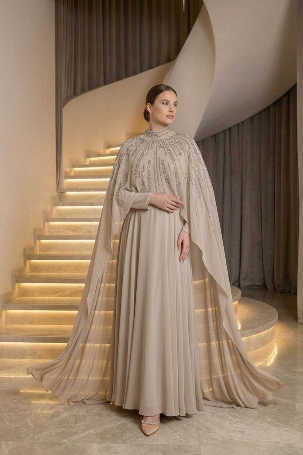 Elmina Şifon Abiye Taş RengiLP6295-2