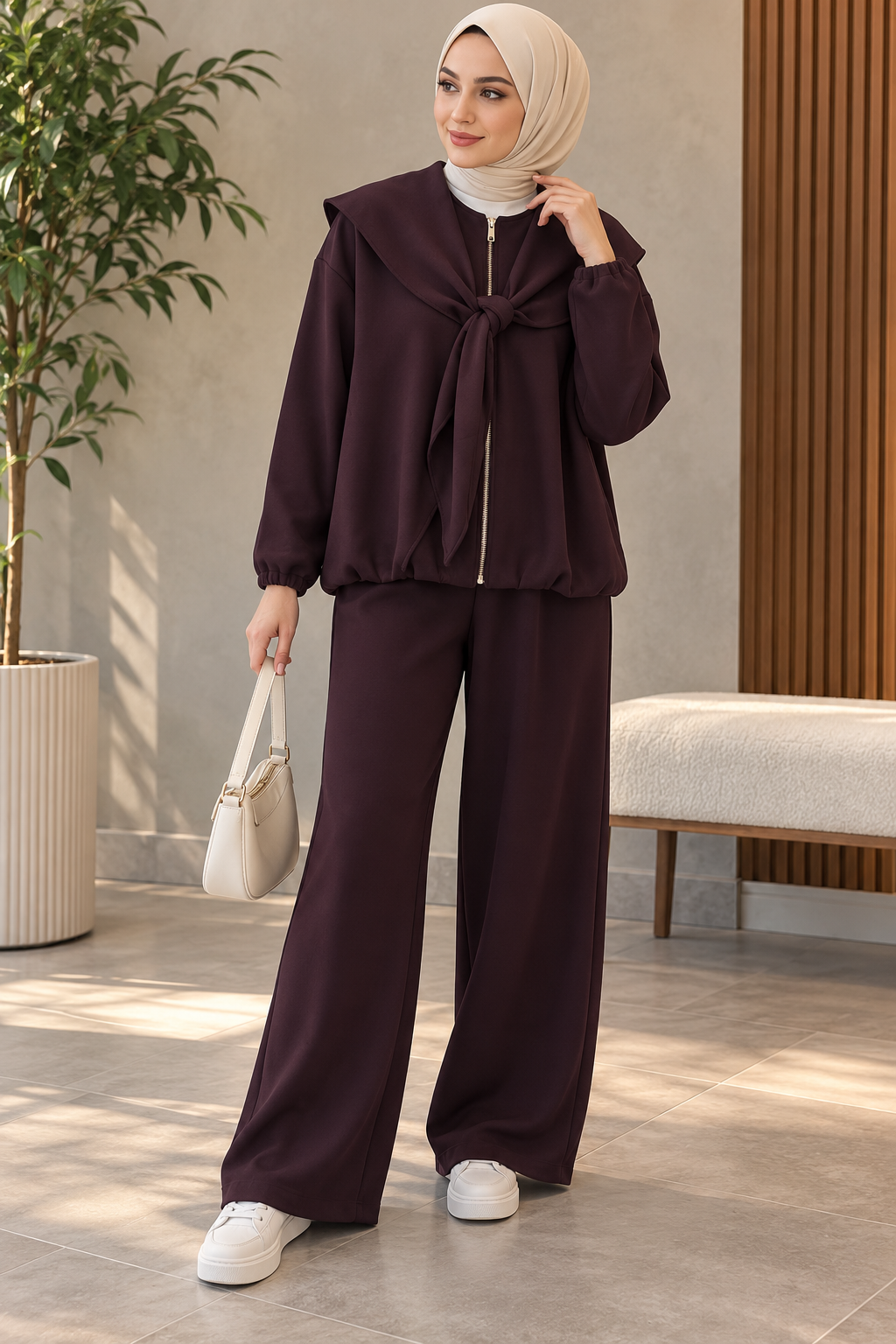Hakimoda Kadın Şal Detaylı Mürdüm TakımHN41742