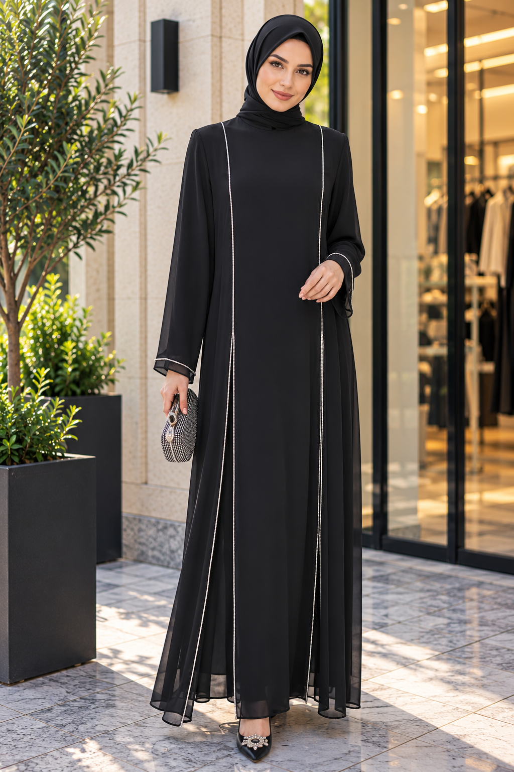 Hakimoda Kadın Şifon Detaylı Lacivert AbayaTN4337