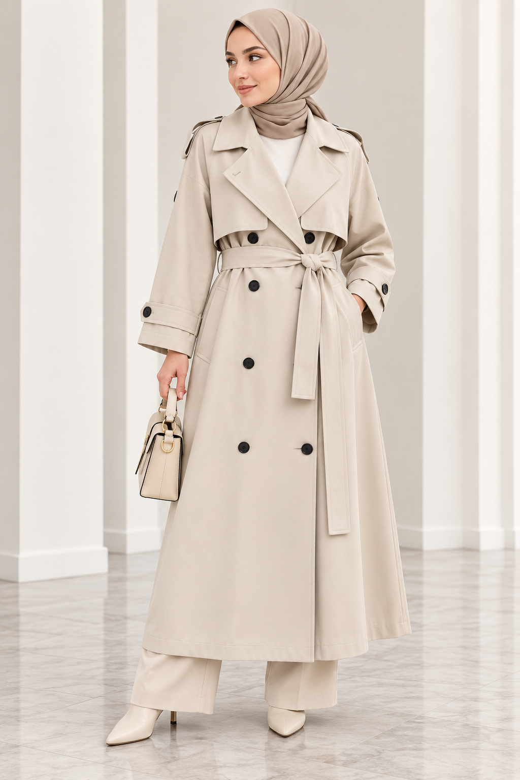 Hakimoda Kadın Yırtmaçlı Bej TrençkotEF589