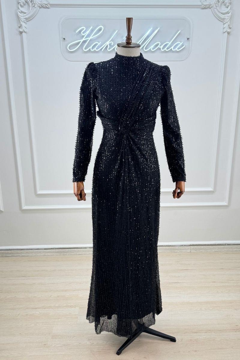 İpek Boncuklu Siyah Tesettür AbiyeLP6133