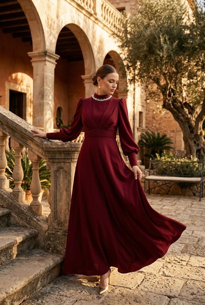 Katre Krep Bordo Tesettür AbiyeLP6191