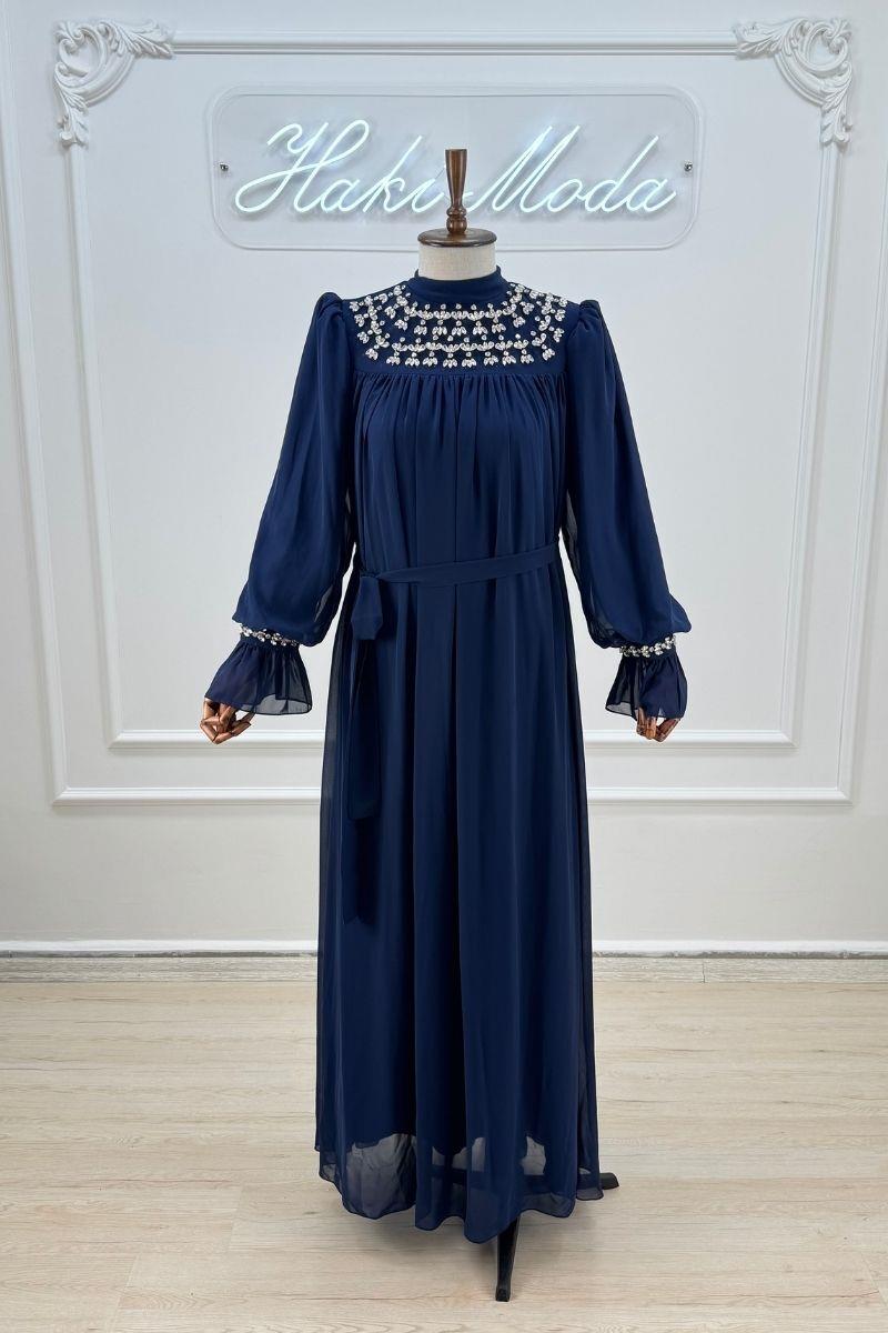 Mahfiruz Şifon Lacivert Tesettür AbiyeLP6345