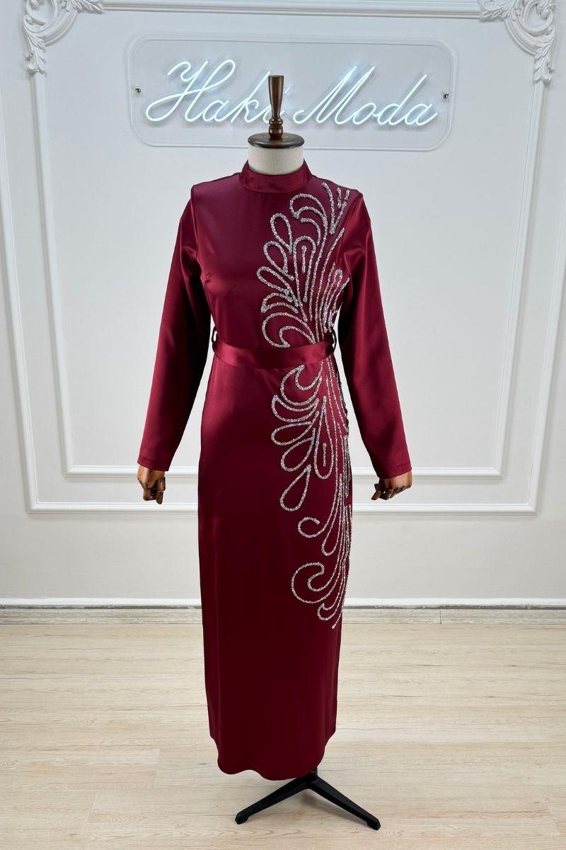 Saten Bordo Tesettür AbiyeLP6181