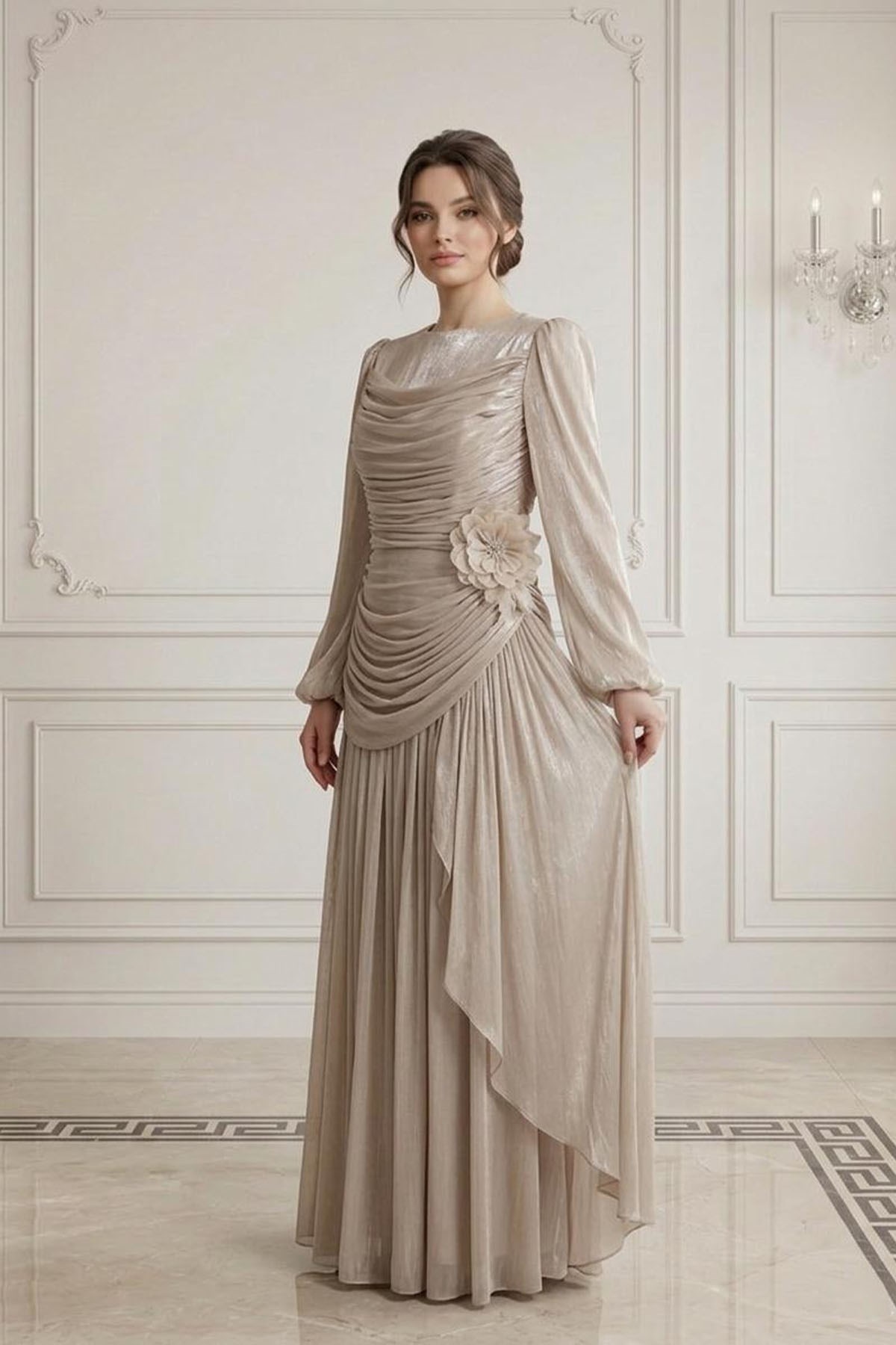 Tesettür ADELİN Işıltı Şifon Abiye BejLP6385