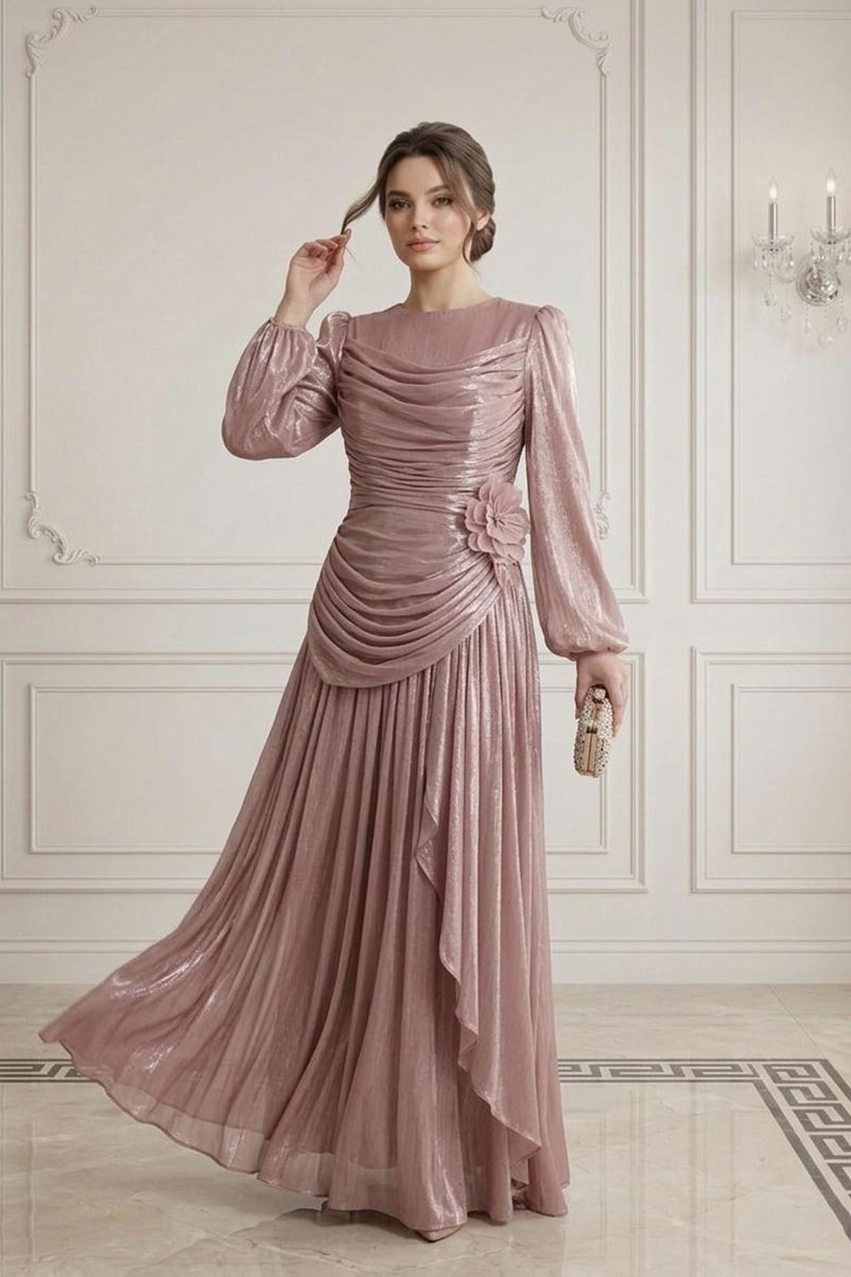 Tesettür ADELİN Işıltı Şifon Abiye PudraLP6385