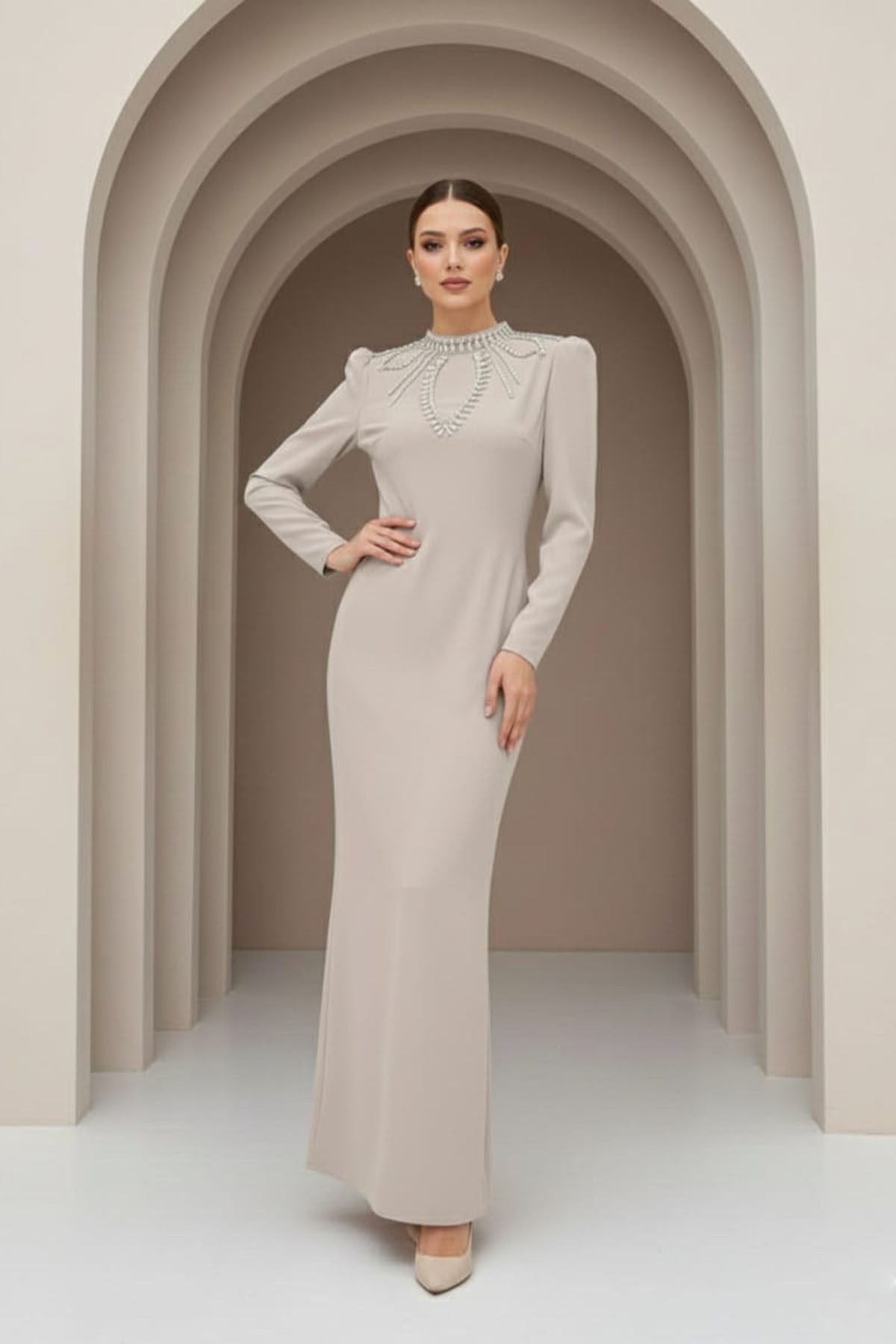 Tesettür Billur Adriana Krep Abiye Taş RengiLP6350