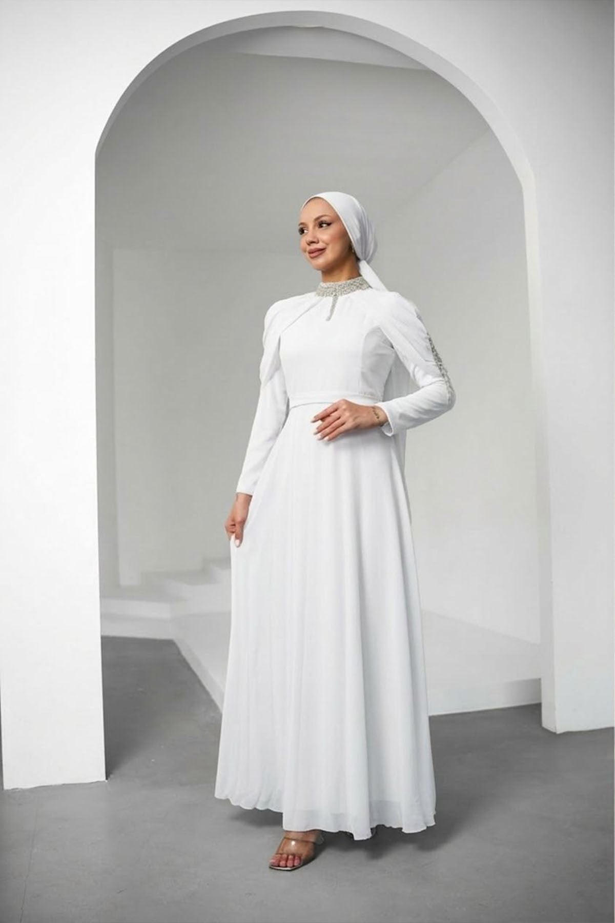 Tesettür Canfes Şifon Abiye BeyazLP6340