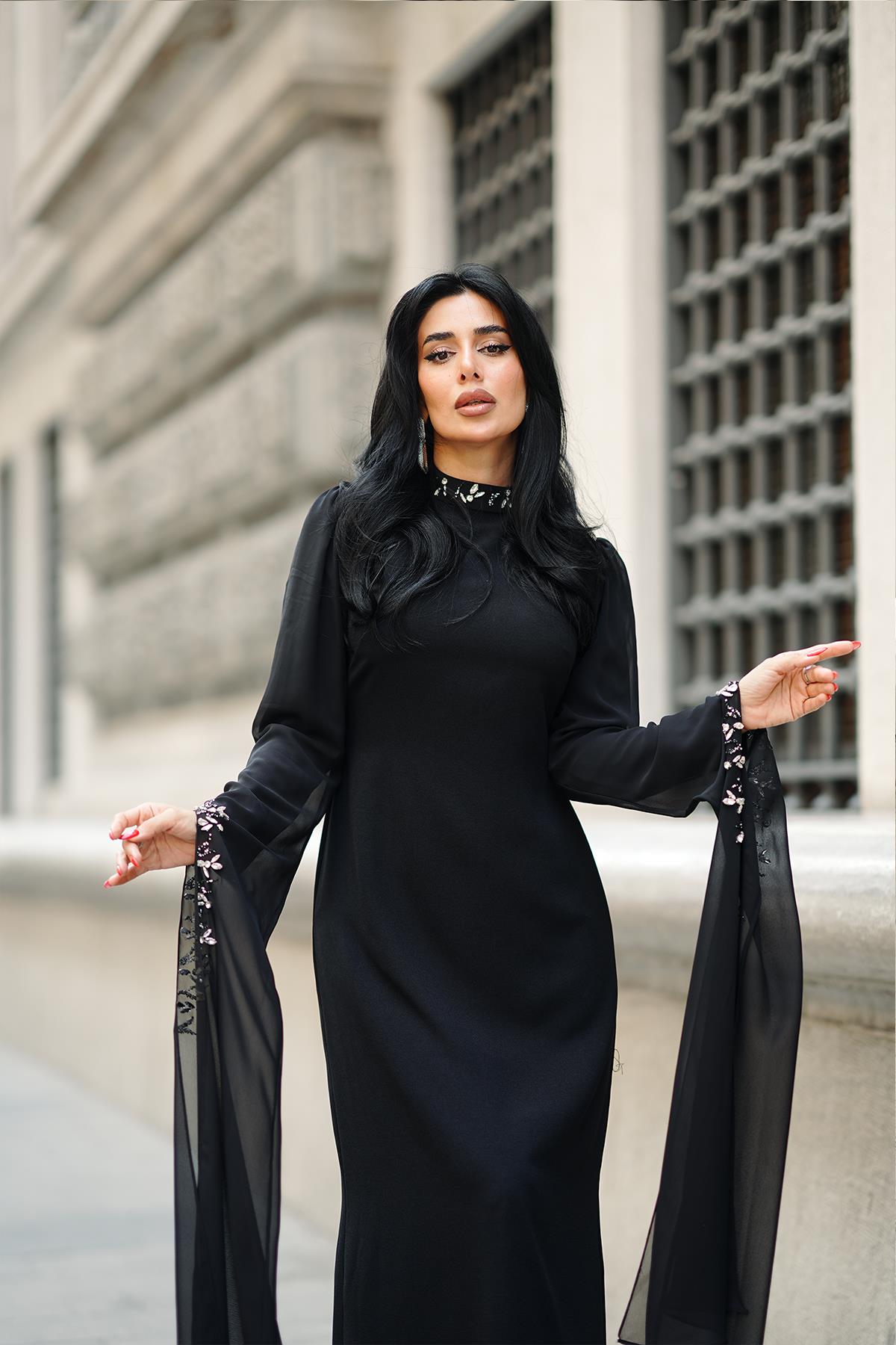 Tesettür Delfin Adriana Krep Abiye SiyahLP6306