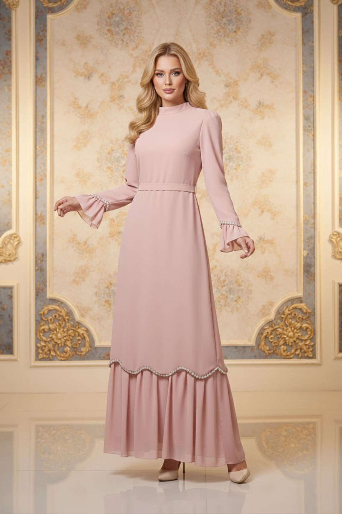 Tesettür Ecemsultan Adriana & Şifon Abiye PudraLP6351