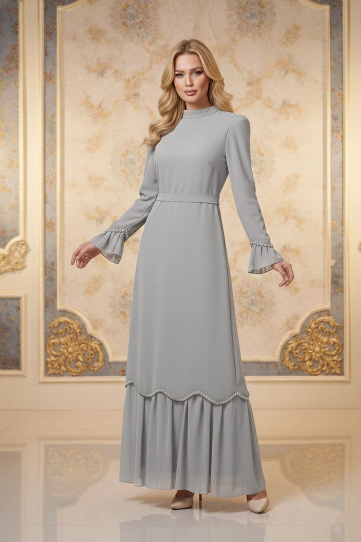 Tesettür Ecemsultan Adriana & Şifon Abiye Taş RengiLP6351