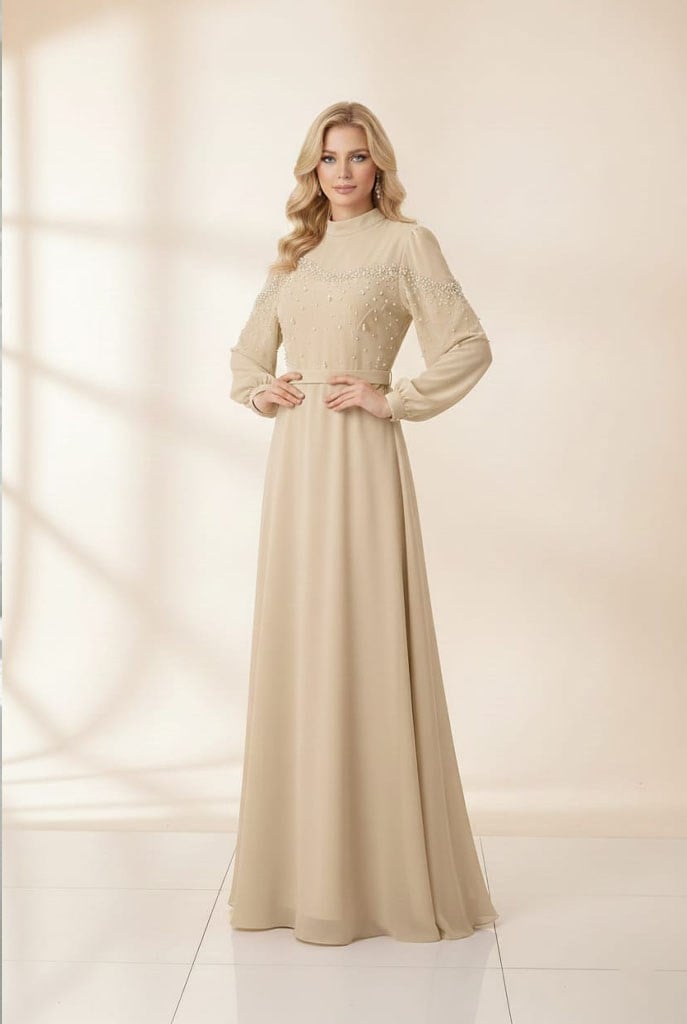 Tesettür Elçin Şifon Abiye BejLP6344