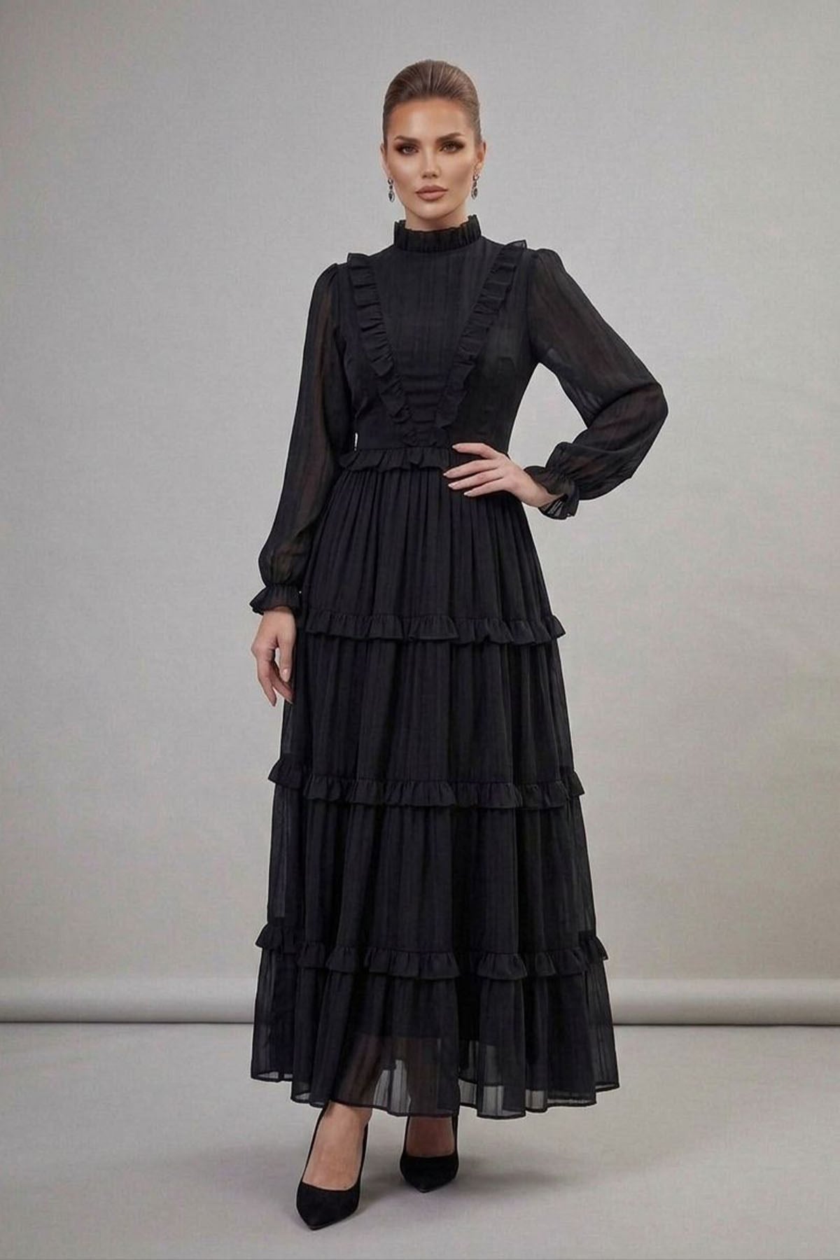 Tesettür Elvin Işıltı Abiye SiyahLP6308