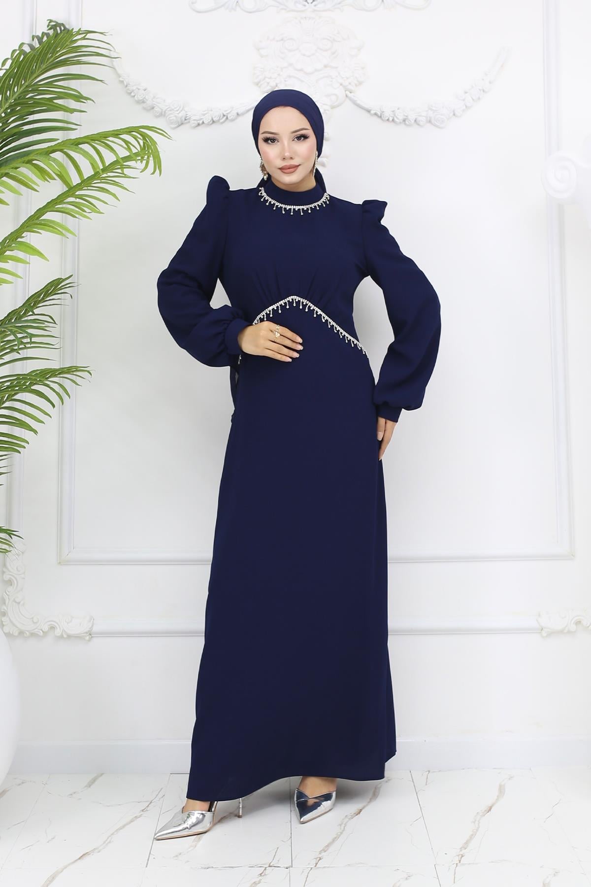 Tesettür Eva Krep Abiye LacivertLP6162