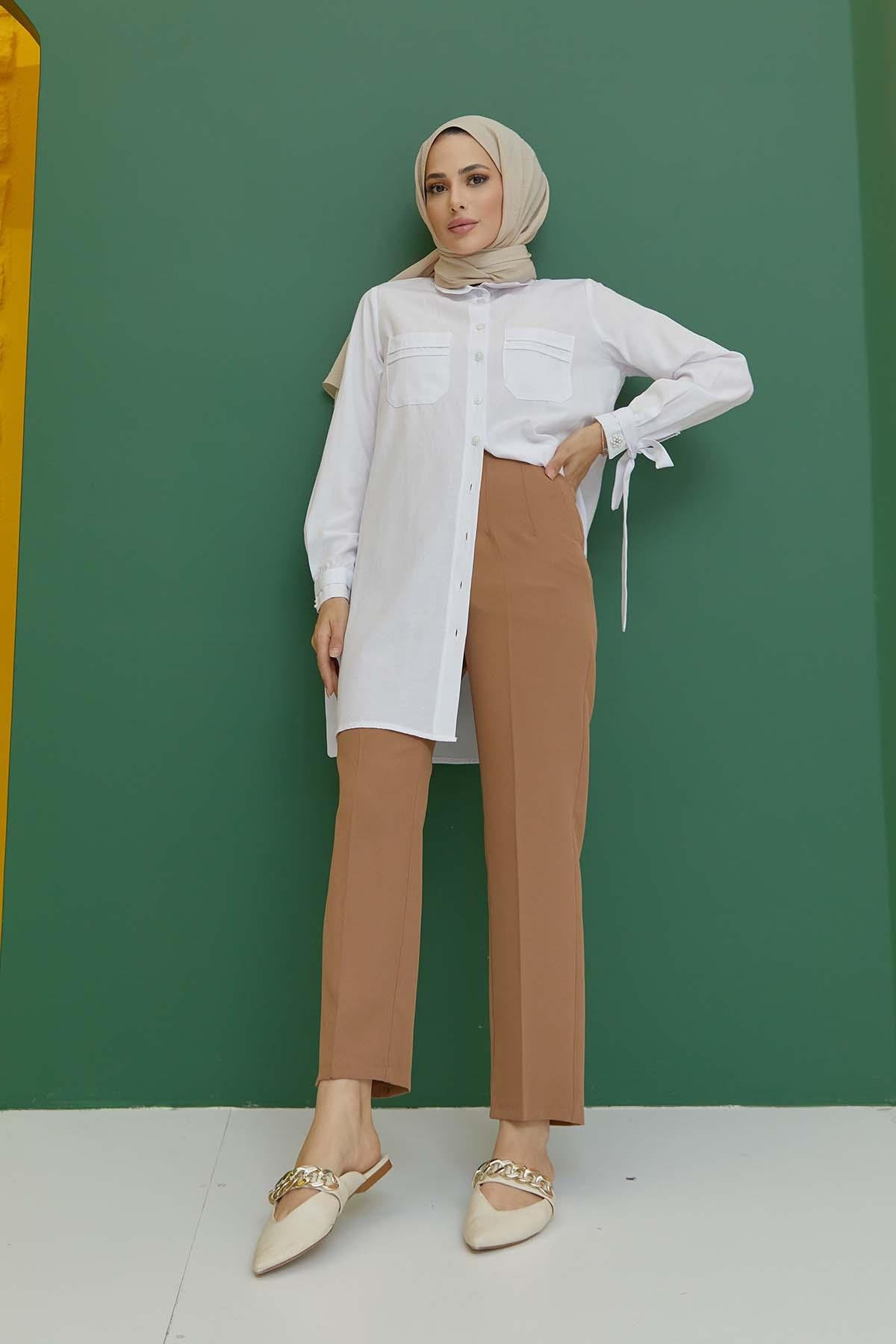 Tesettür Fleto Cepli Pantolon CamelHM1844
