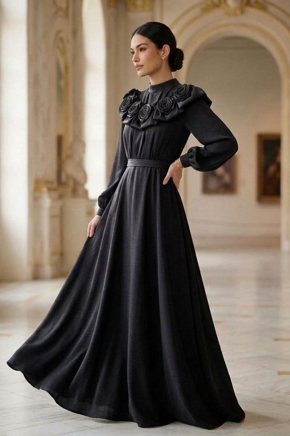 Tesettür Gülfem İnci Organze Abiye SiyahLP6335