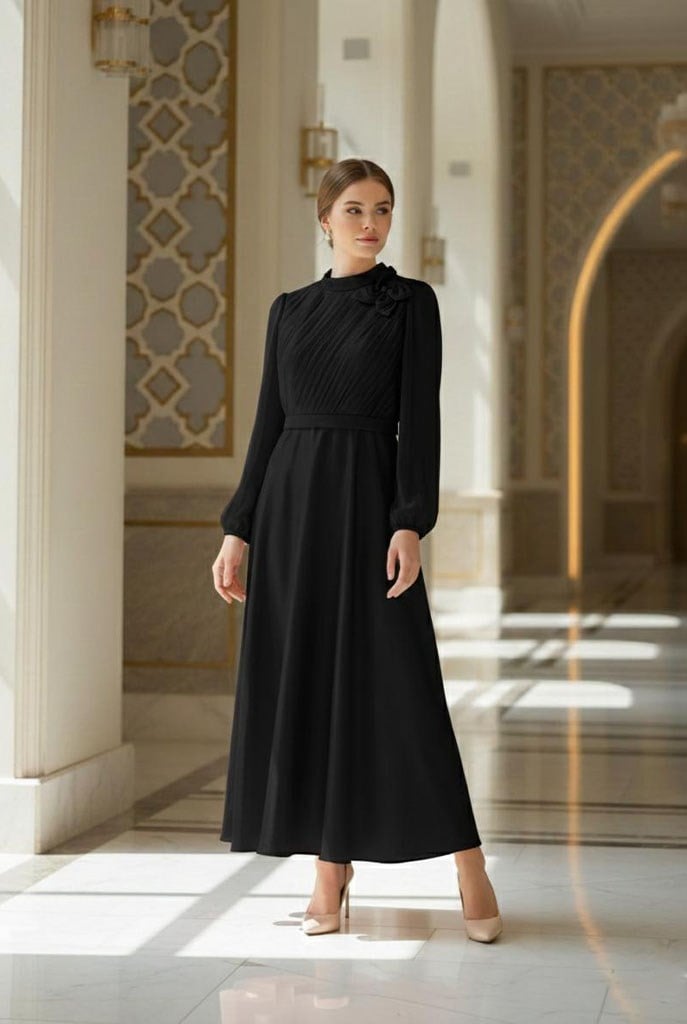 Tesettür İncigül İpek Organze Abiye SiyahLP6311