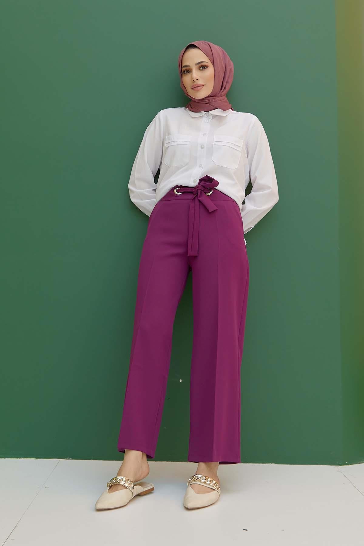 Tesettür Kuşgözü Detaylı Cepli Pantolon MürdümHM1843