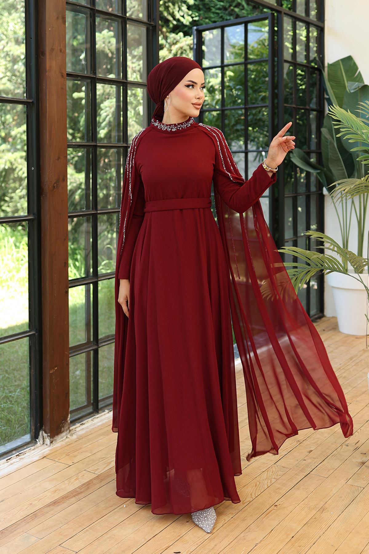 Tesettür Laren Şifon Abiye BordoLP6088