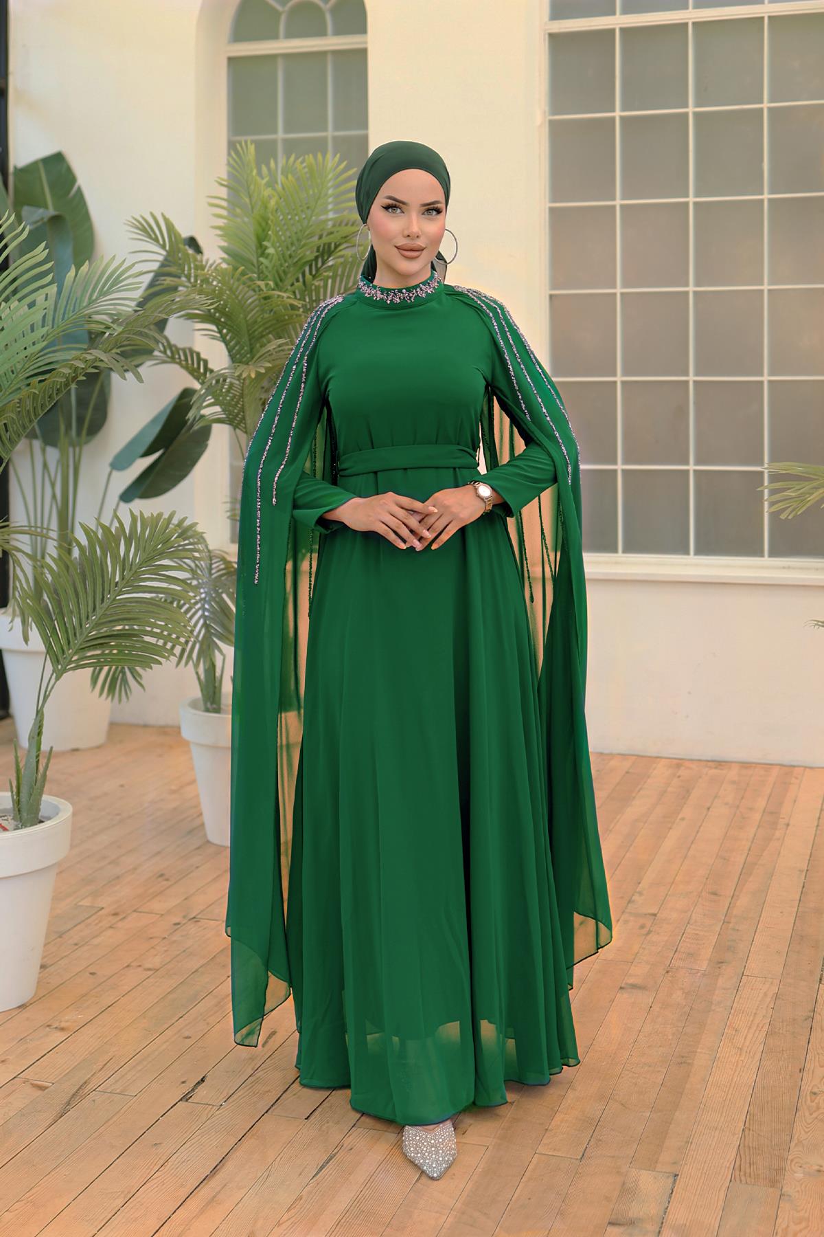 Tesettür Laren Şifon Abiye Zümrüt YeşiliLP6088