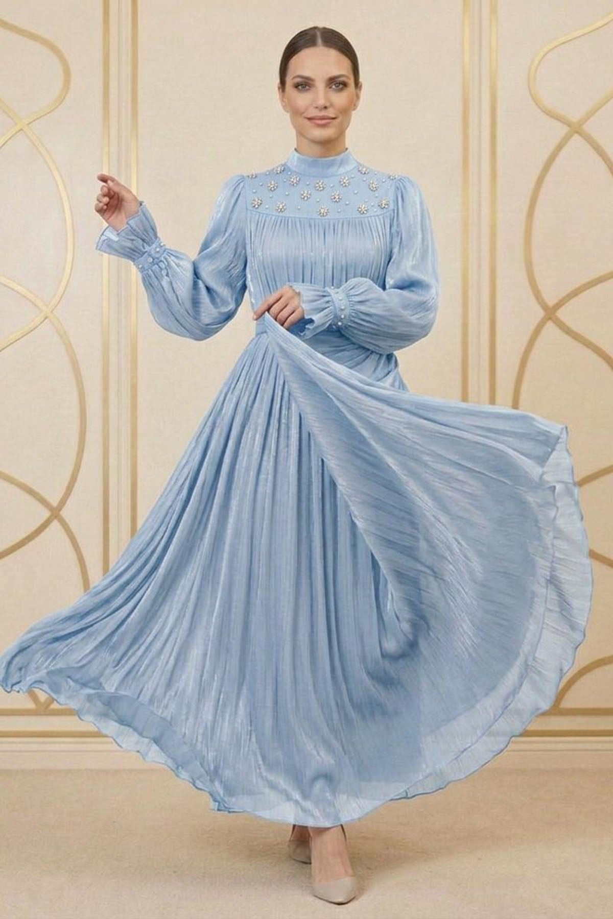 Tesettür LARİNA Işıltı Şifon Abiye Gök MaviLP6370