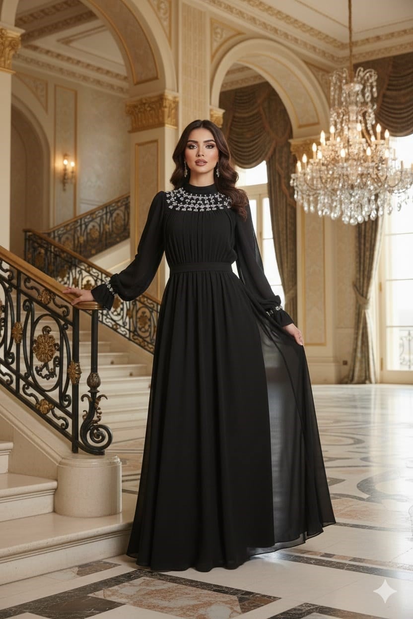 Tesettür Mahfiruz Şifon Abiye SiyahLP6345-1