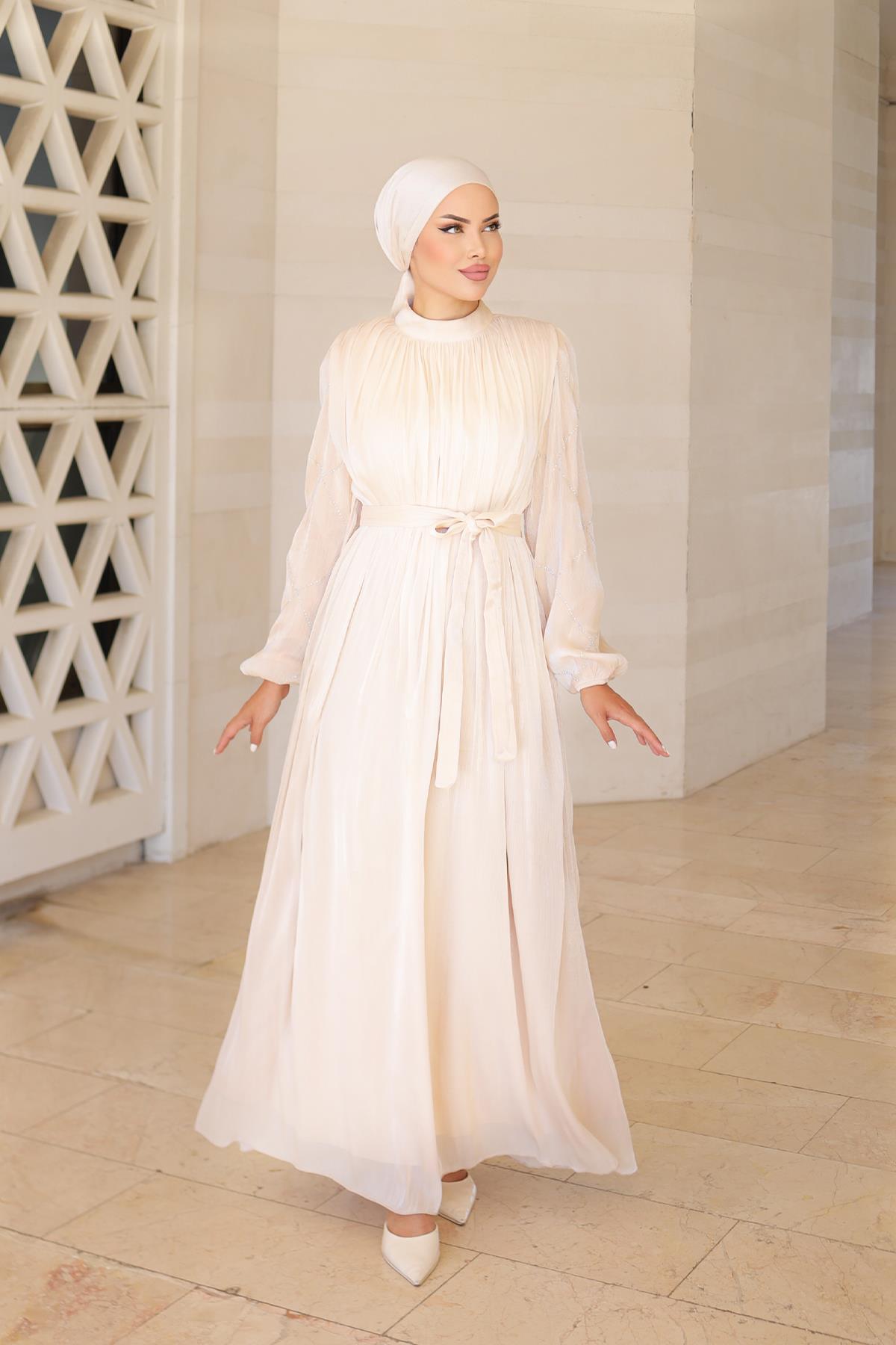 Tesettür Mercan Işıltı Abiye BejLP6097