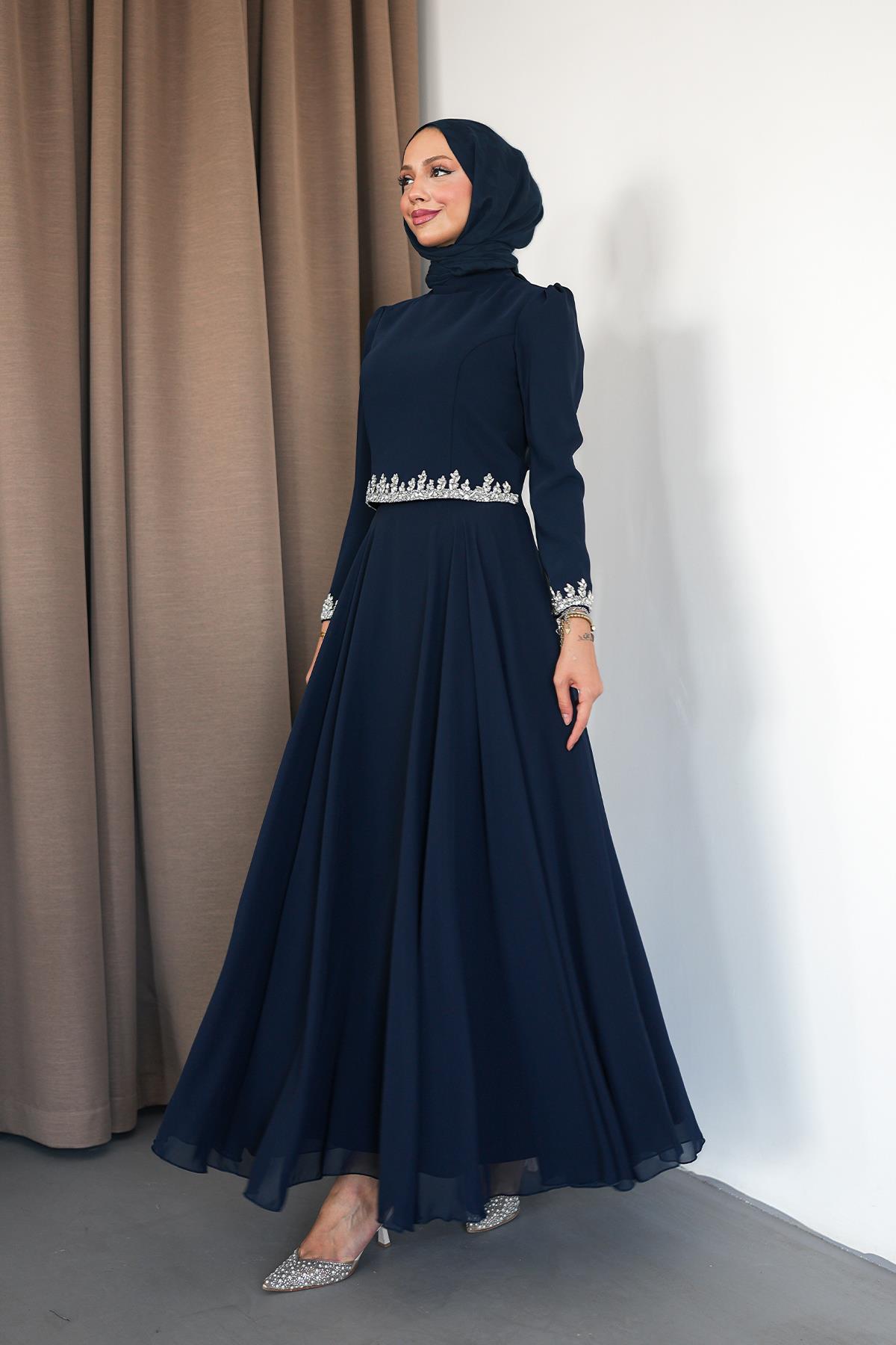 Tesettür Mona Adriana Takım Abiye LacivertLP6303