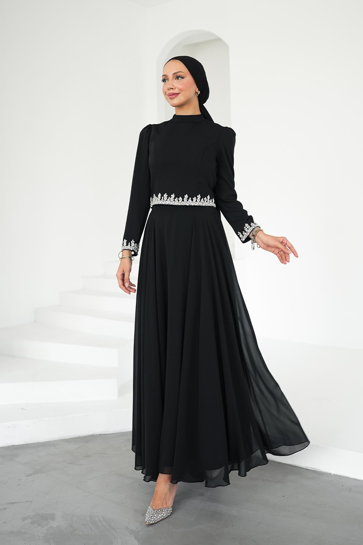 Tesettür Mona Adriana Takım Abiye SiyahLP6303