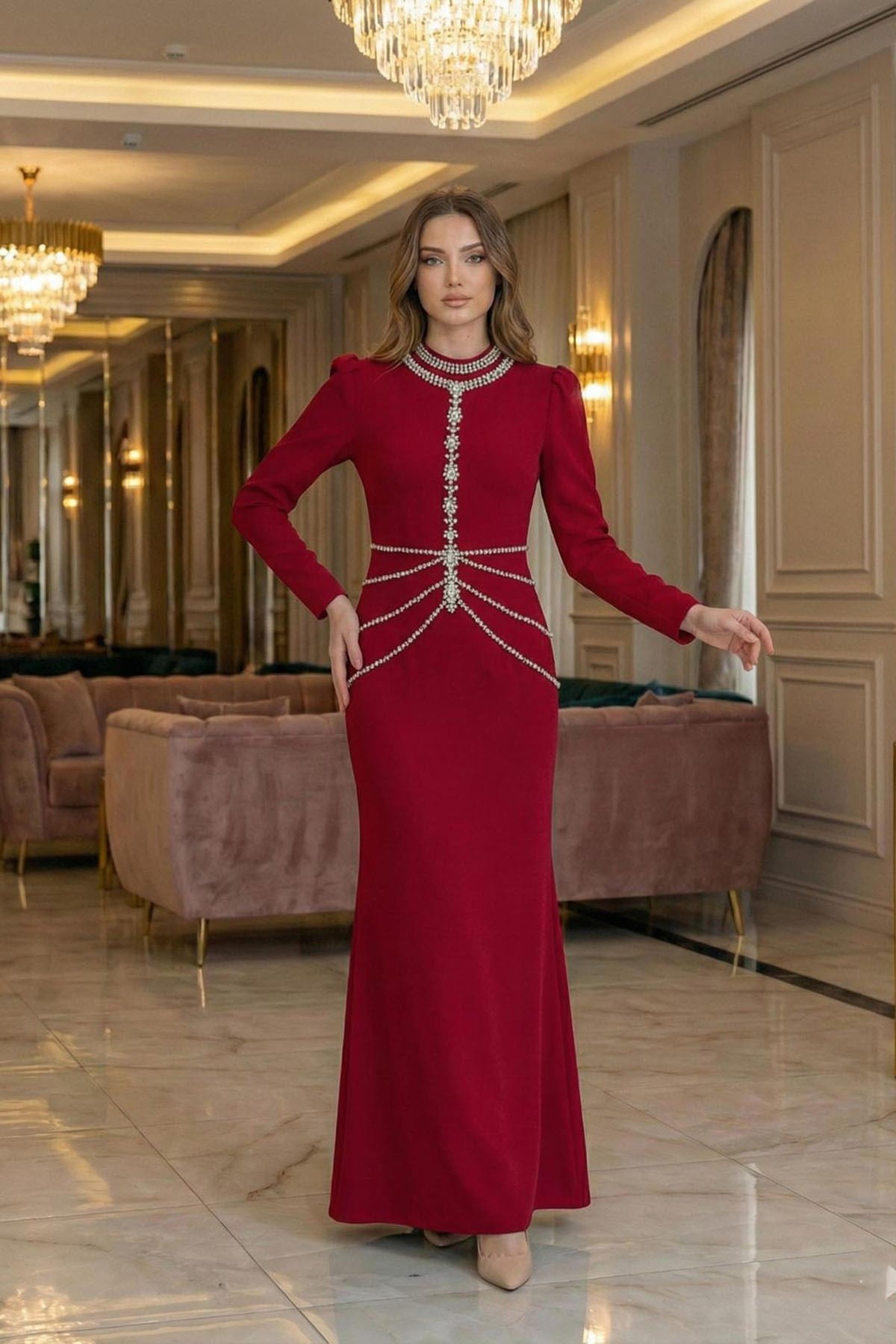 Tesettür Nigah Adriana Krep Abiye BordoLP6349