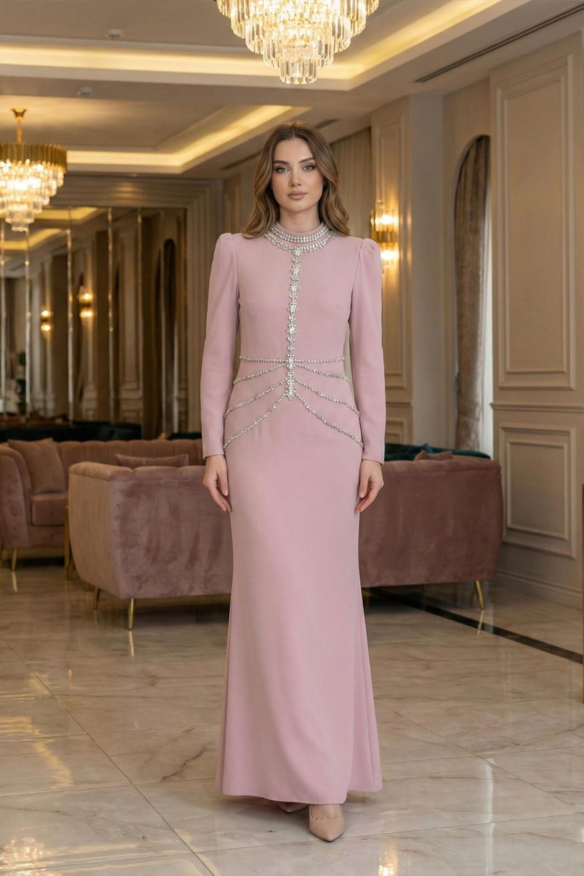Tesettür Nigah Adriana Krep Abiye PudraLP6349