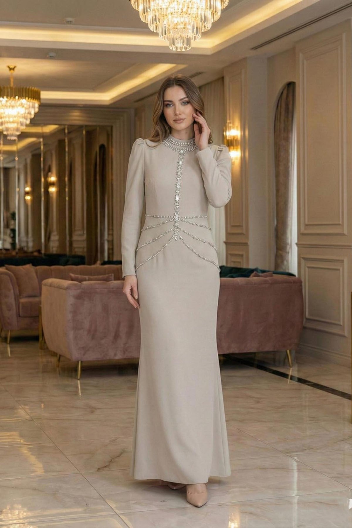 Tesettür Nigah Adriana Krep Abiye Taş RengiLP6349
