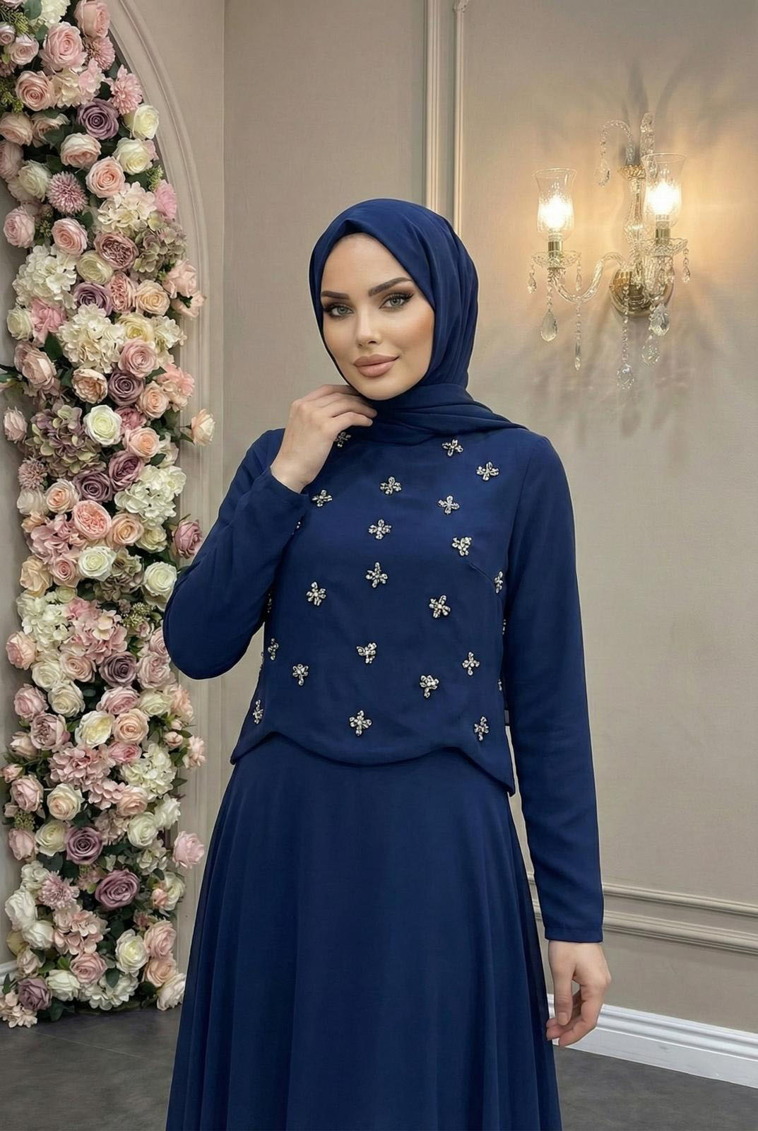 Tesettür SUEDA Adriana & Şifon Abiye LacivertLP6364