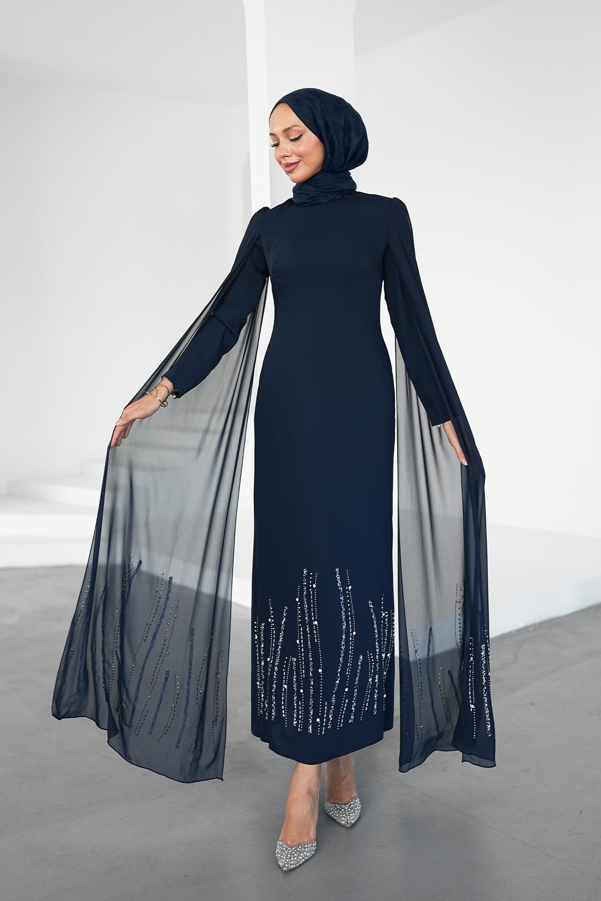 Tesettür Talin Adrina Krep Abiye LacivertLP6301