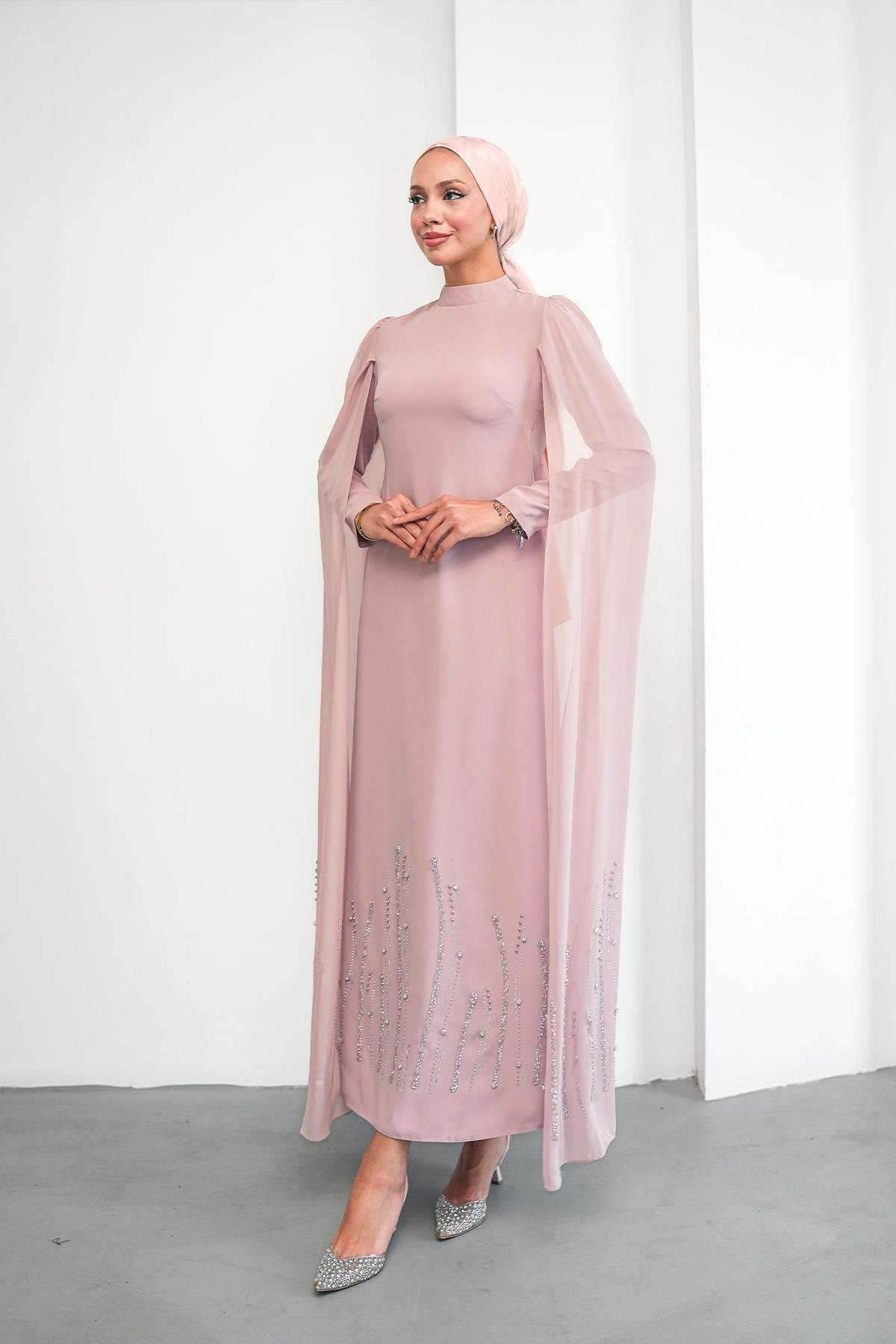 Tesettür Talin Adrina Krep Abiye PudraLP6301