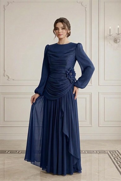 ADELİN Işıltı Şifon Abiye LacivertLP6385