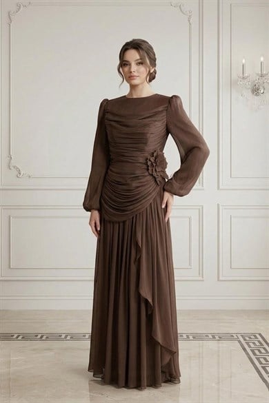 Tesettür ADELİN Işıltı Şifon Abiye KahveLP6385