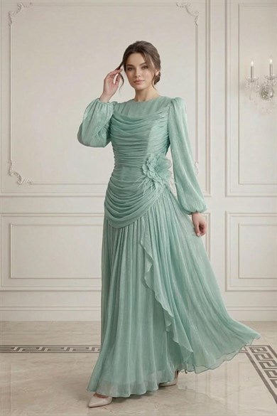 Tesettür ADELİN Işıltı Şifon Abiye MintLP6385