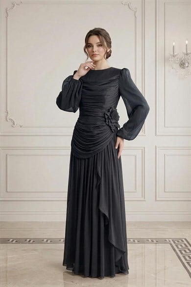 Tesettür ADELİN Işıltı Şifon Abiye SiyahLP6385