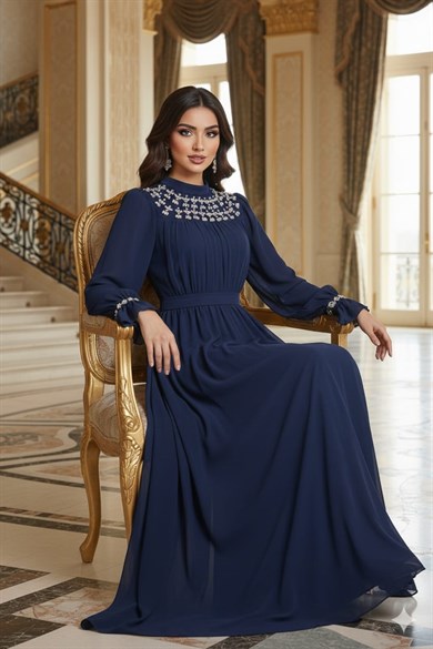 Tesettür Mahfiruz Şifon Abiye LacivertLP6345-1