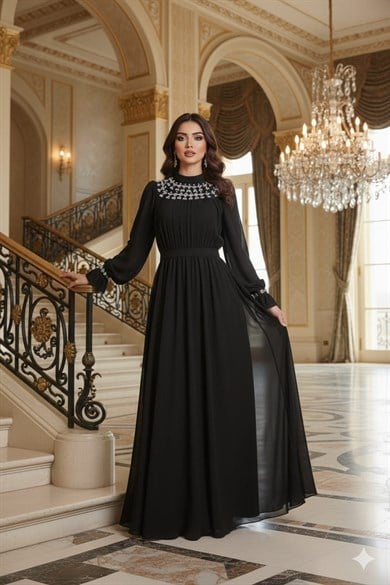 Tesettür Mahfiruz Şifon Abiye SiyahLP6345-1