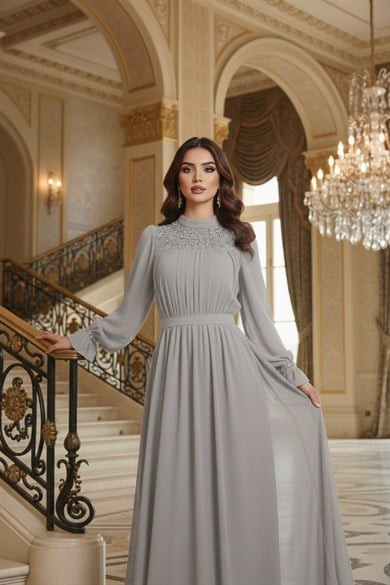 Tesettür Mahfiruz Şifon Abiye Taş RengiLP6345-1