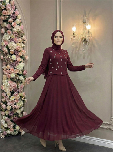 Tesettür SUEDA Adriana & Şifon Abiye BordoLP6364