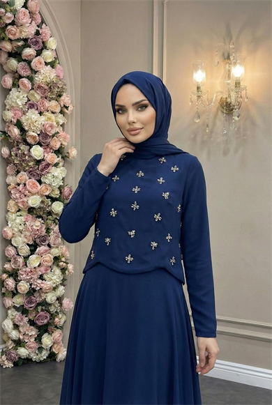 Tesettür SUEDA Adriana & Şifon Abiye LacivertLP6364