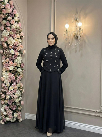 Tesettür SUEDA Adriana & Şifon Abiye SiyahLP6364