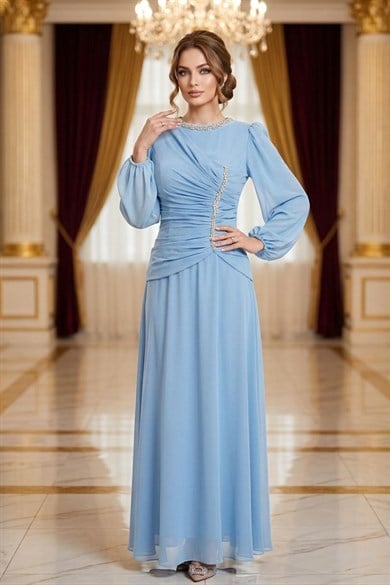 Tesettür VELORA Şifon Abiye Gök MaviLP6386