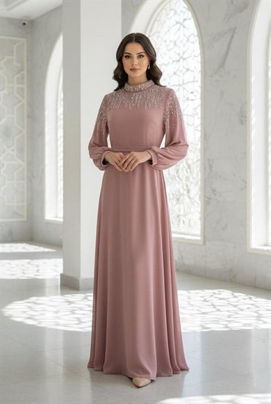 Tesettür Zişan Şifon Abiye PudraLP6357