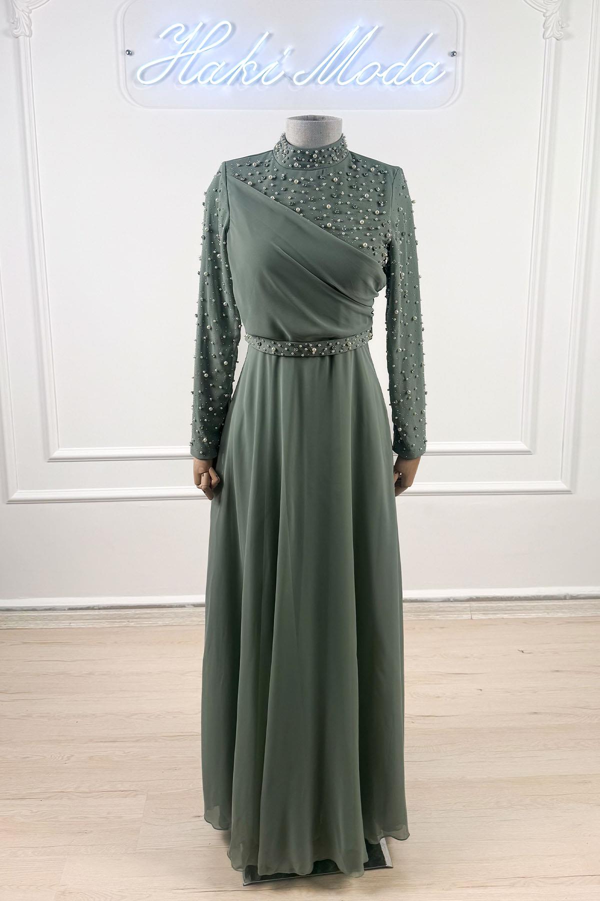 Ahenk Çağla Yeşili Şifon Tesettür AbiyeLP6328