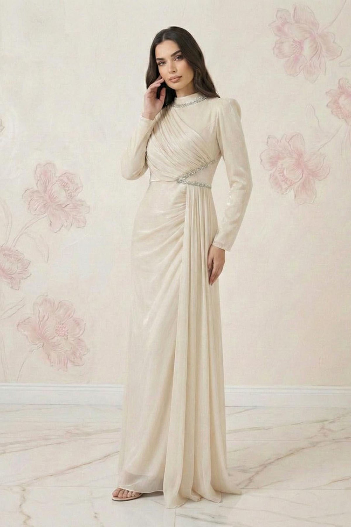 ARİSA Işıltı Şifon Abiye BejLP6373