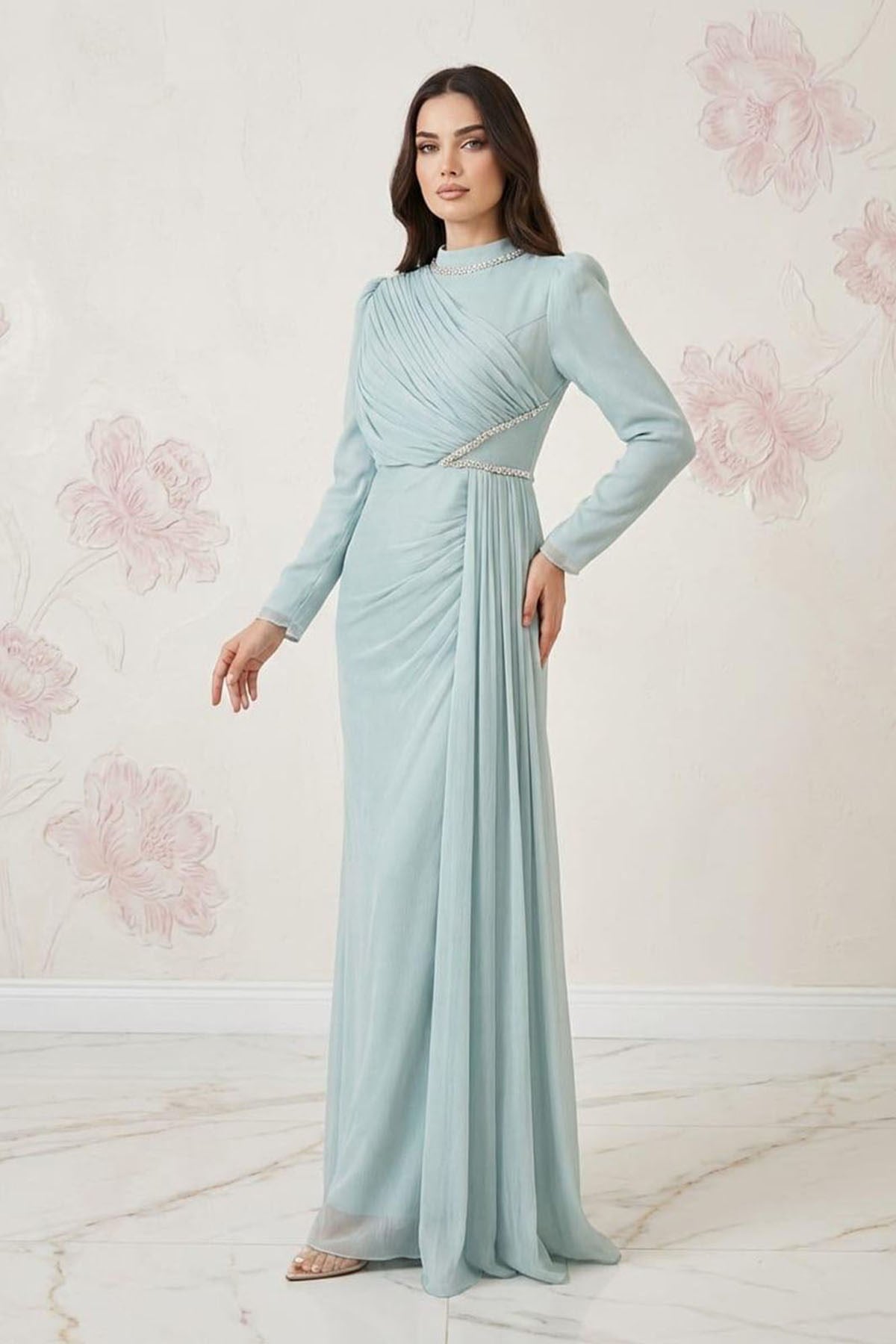 ARİSA Işıltı Şifon Abiye Mint YeşiliLP6373